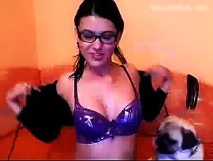 Sweet latina plays with dog